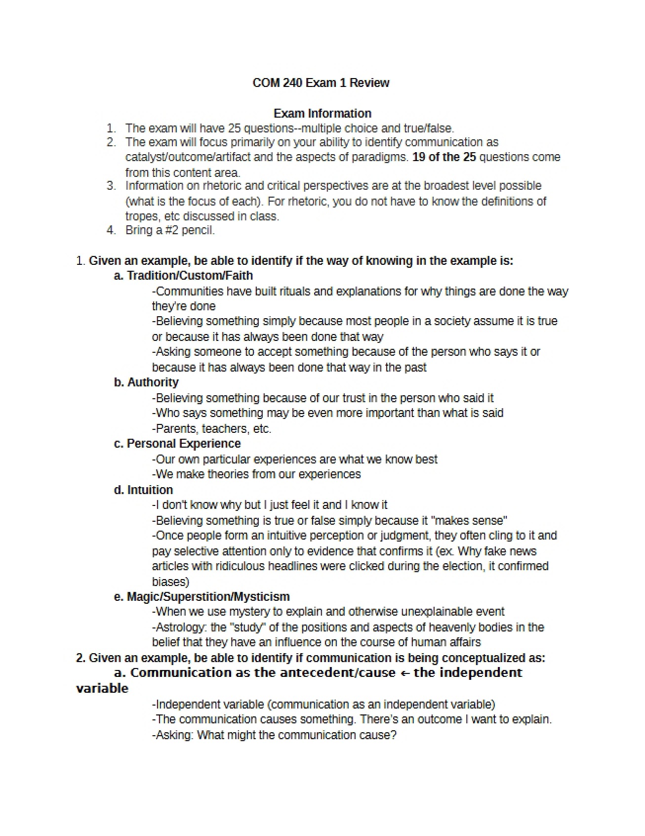 Review for COM 240 Exam 1