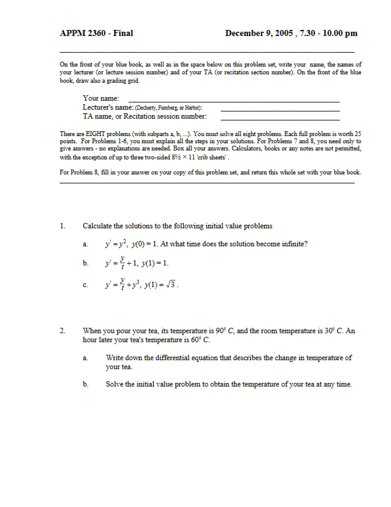 First Final Exam in Differential Equations, Part G