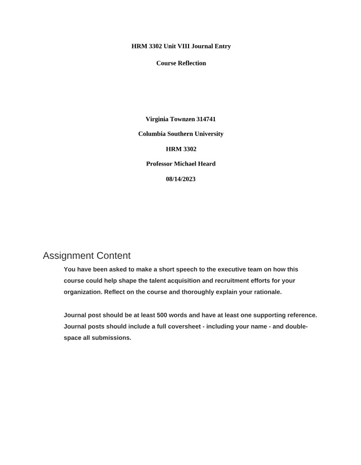Journal Entry for Unit VIII - HRM 3302