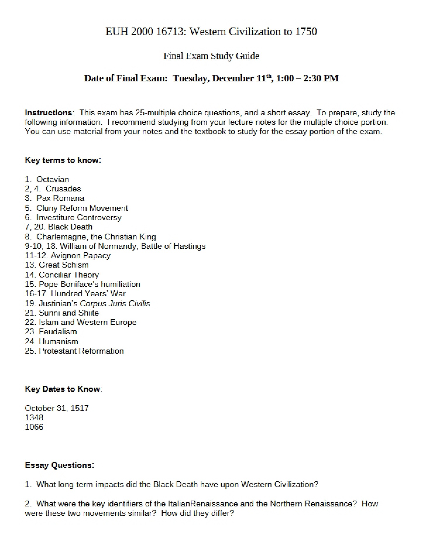 Guide for Final Exam Study