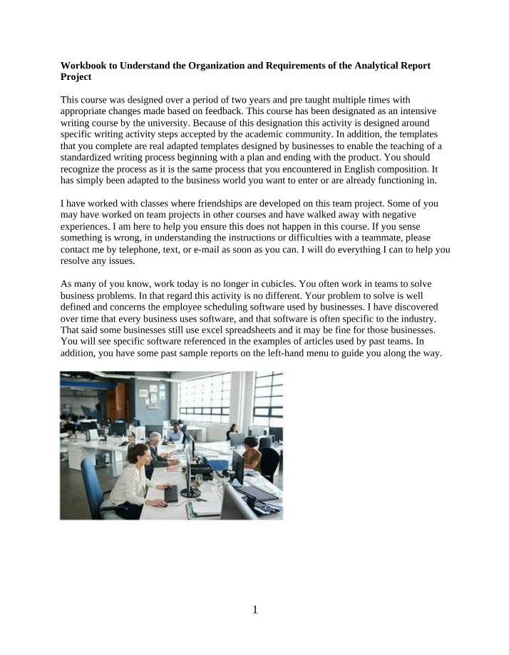 Workbook for Analytical Report Project Requirements