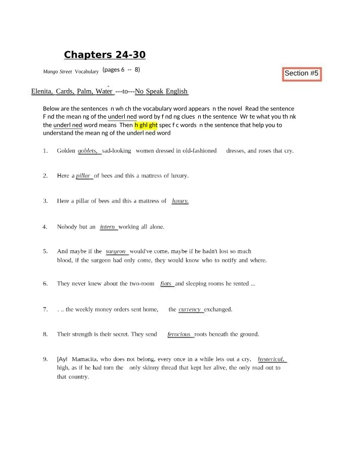 Vocabulary Sentences and Meanings for Mango Street