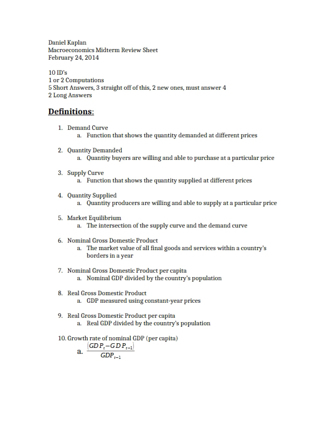 Midterm Review Sheet for Macroeconomics