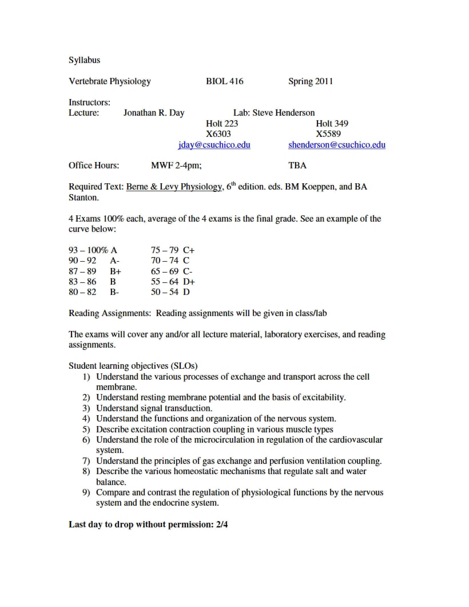 Vertebrate Physiology Syllabus