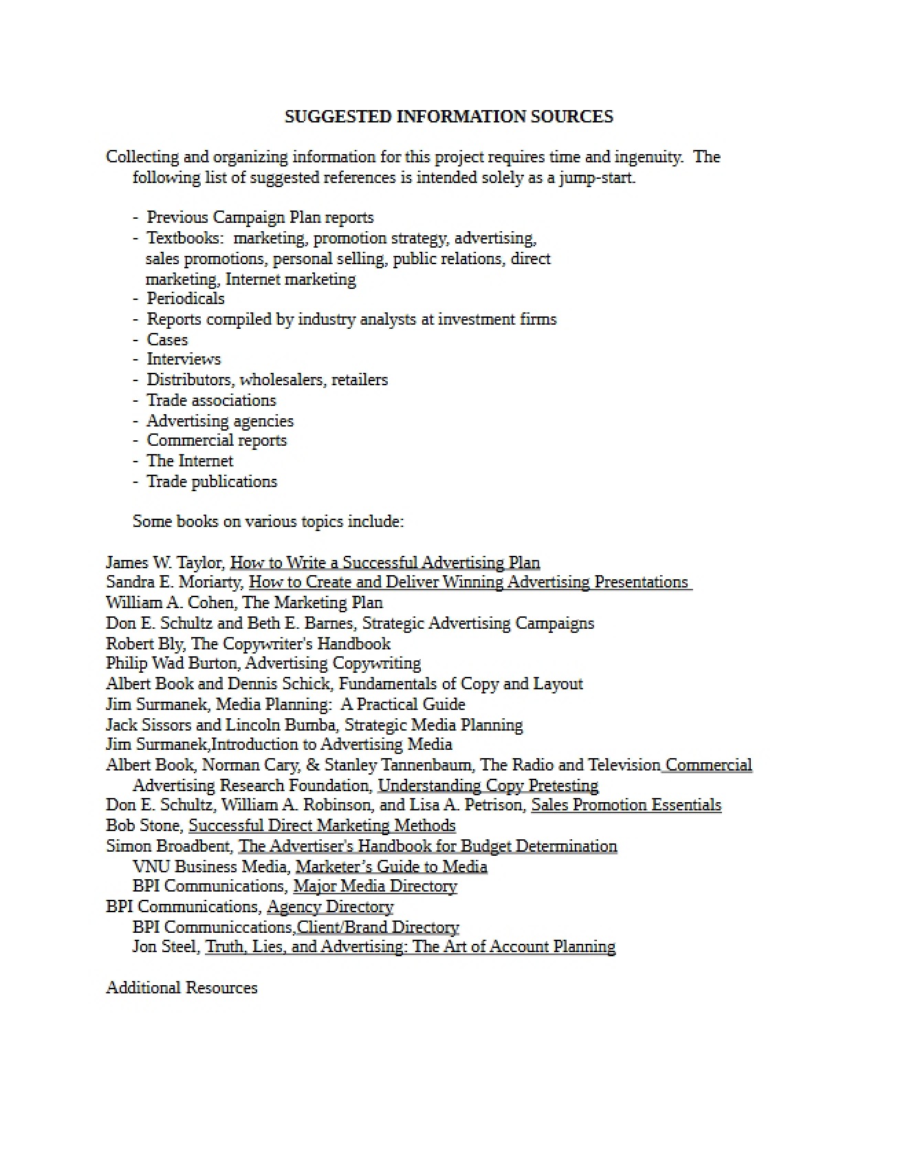 Suggested Information Sources for Advertising