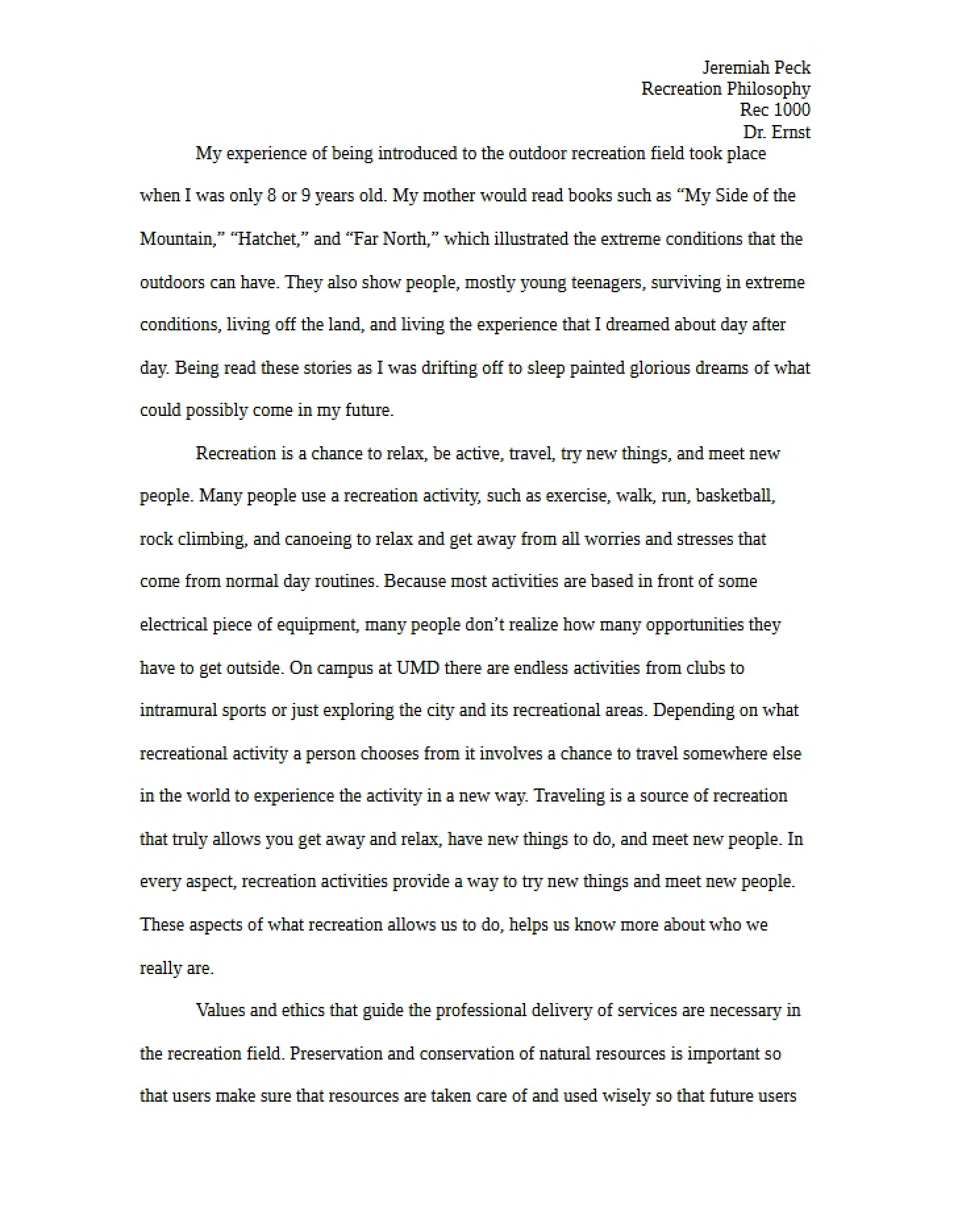Example of Recreation Philosophy