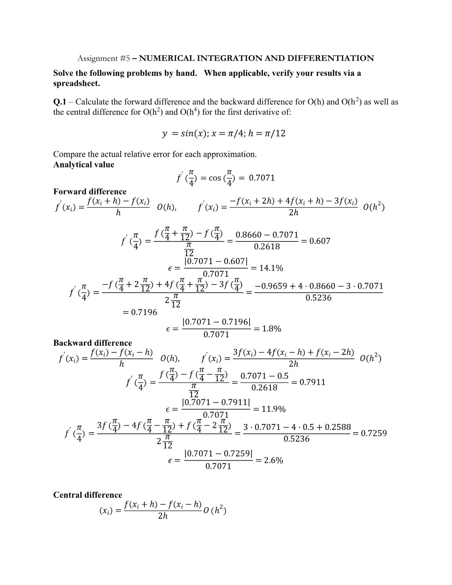 Numerical Integration and Differentiation - Assignment 5