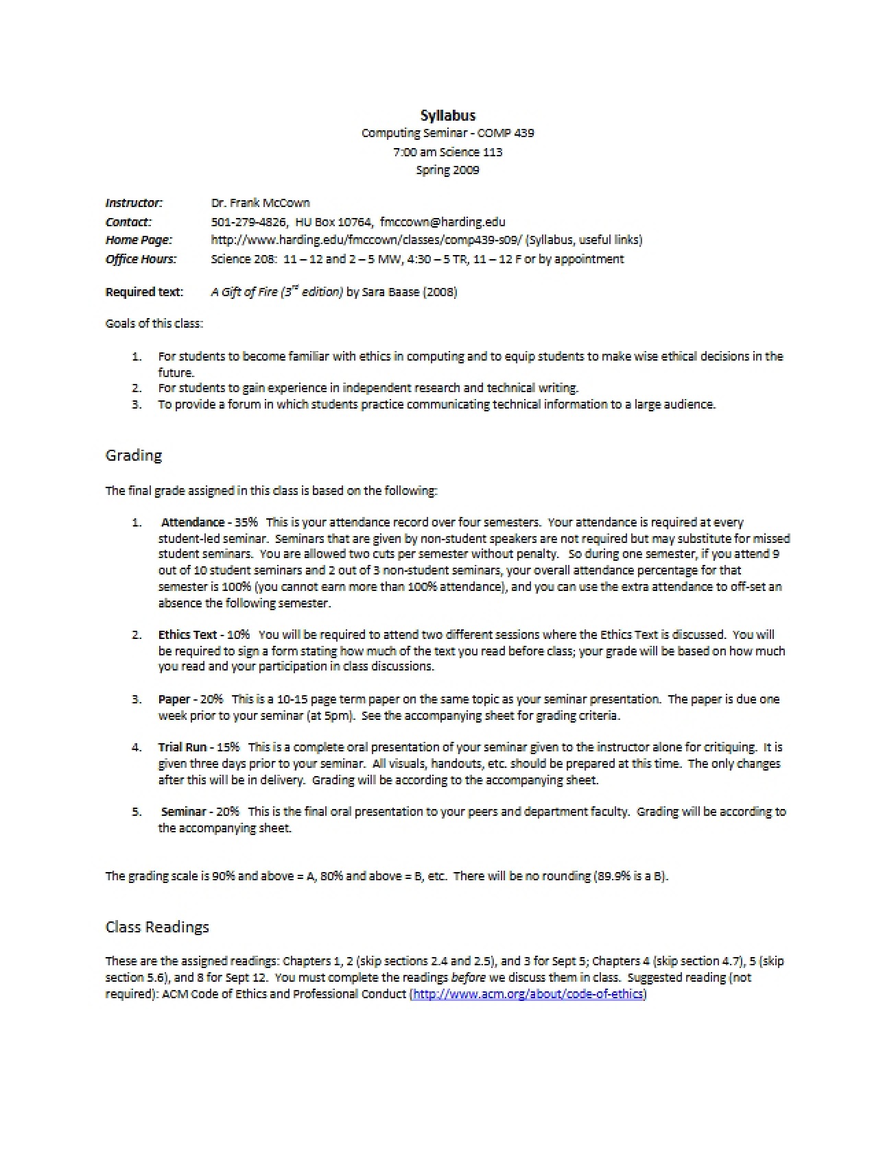 Course Syllabus for the Computing Seminar