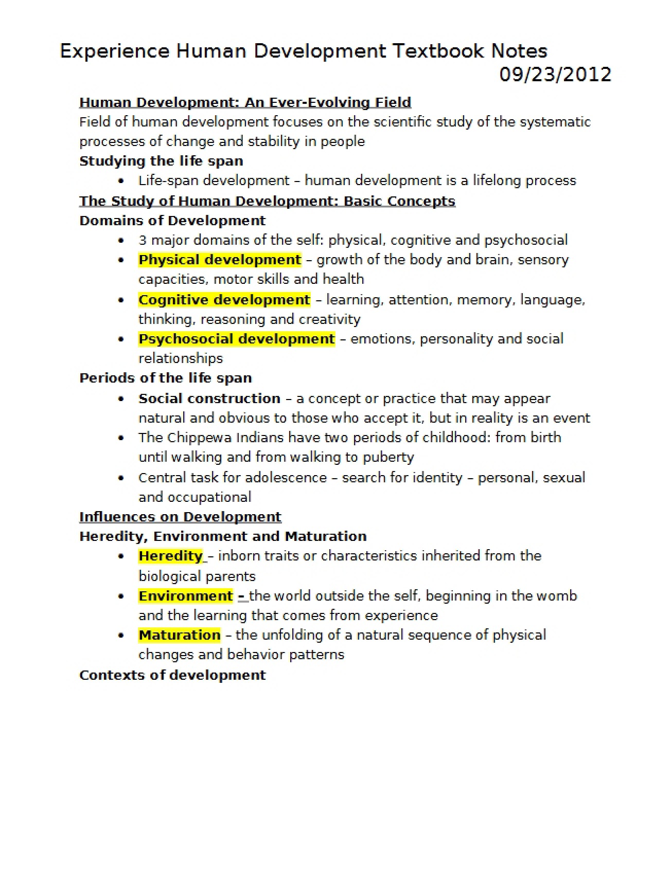 Notes from the 'Experience Human Development' Text