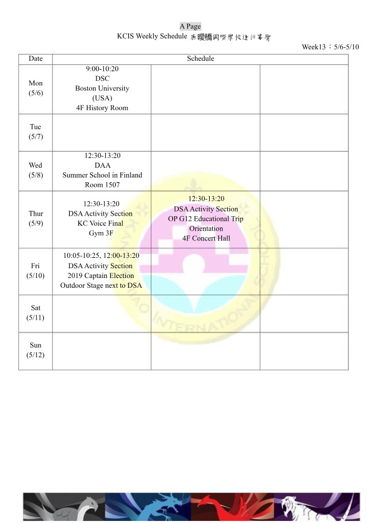 Weekly Schedule and Activity Notices for KCIS