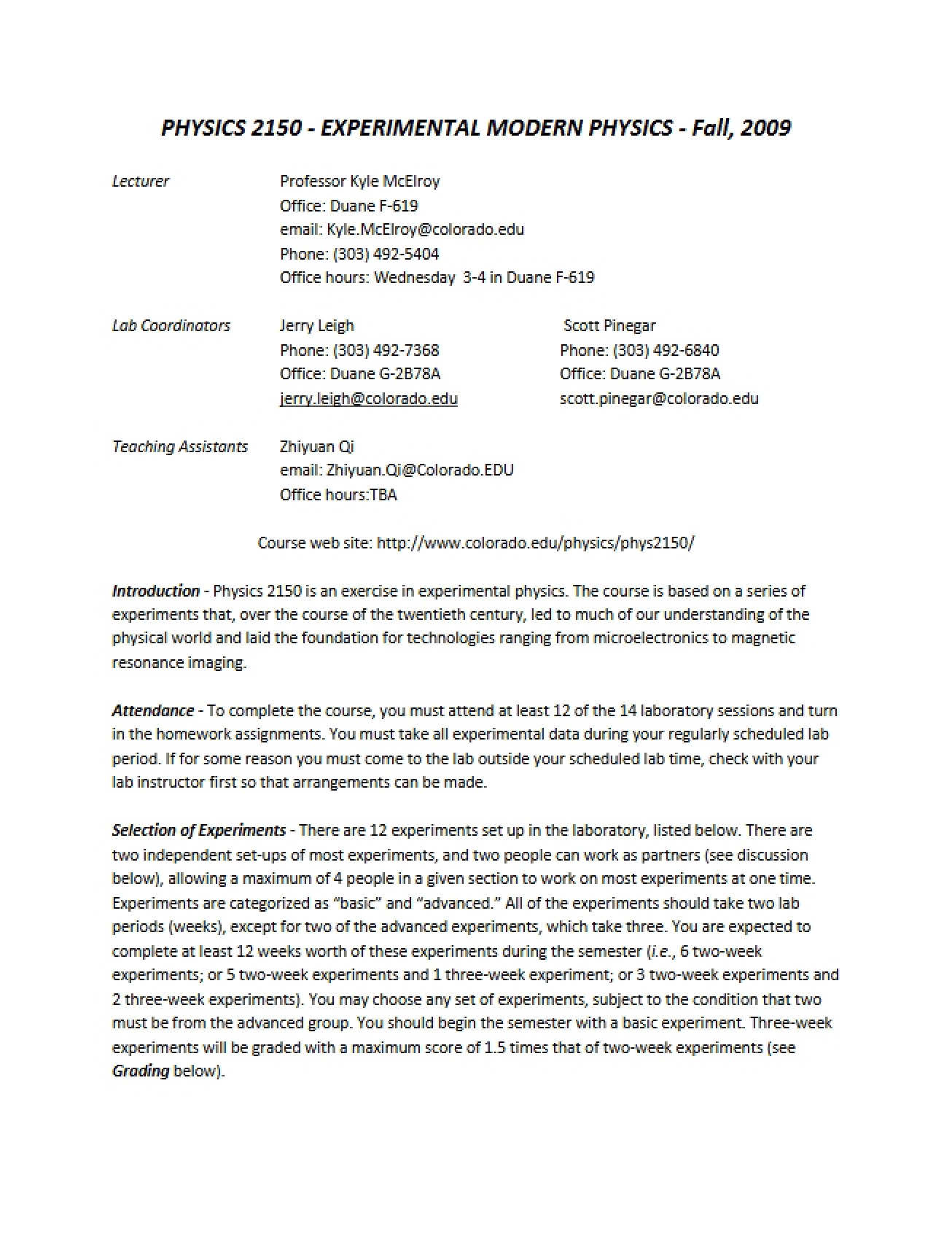 Course Syllabus for Experimental Physics