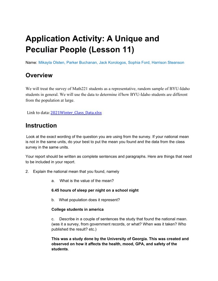 A Unique and Peculiar People - Application Activity