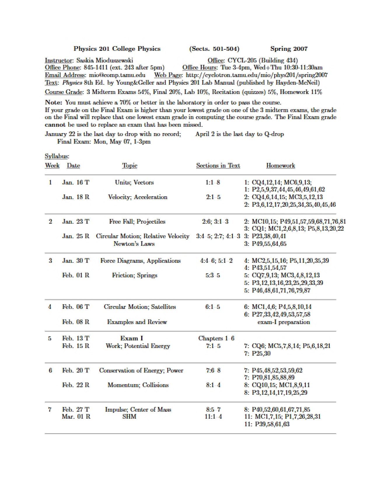 Syllabus for PHYS 201 (Spring 2007)