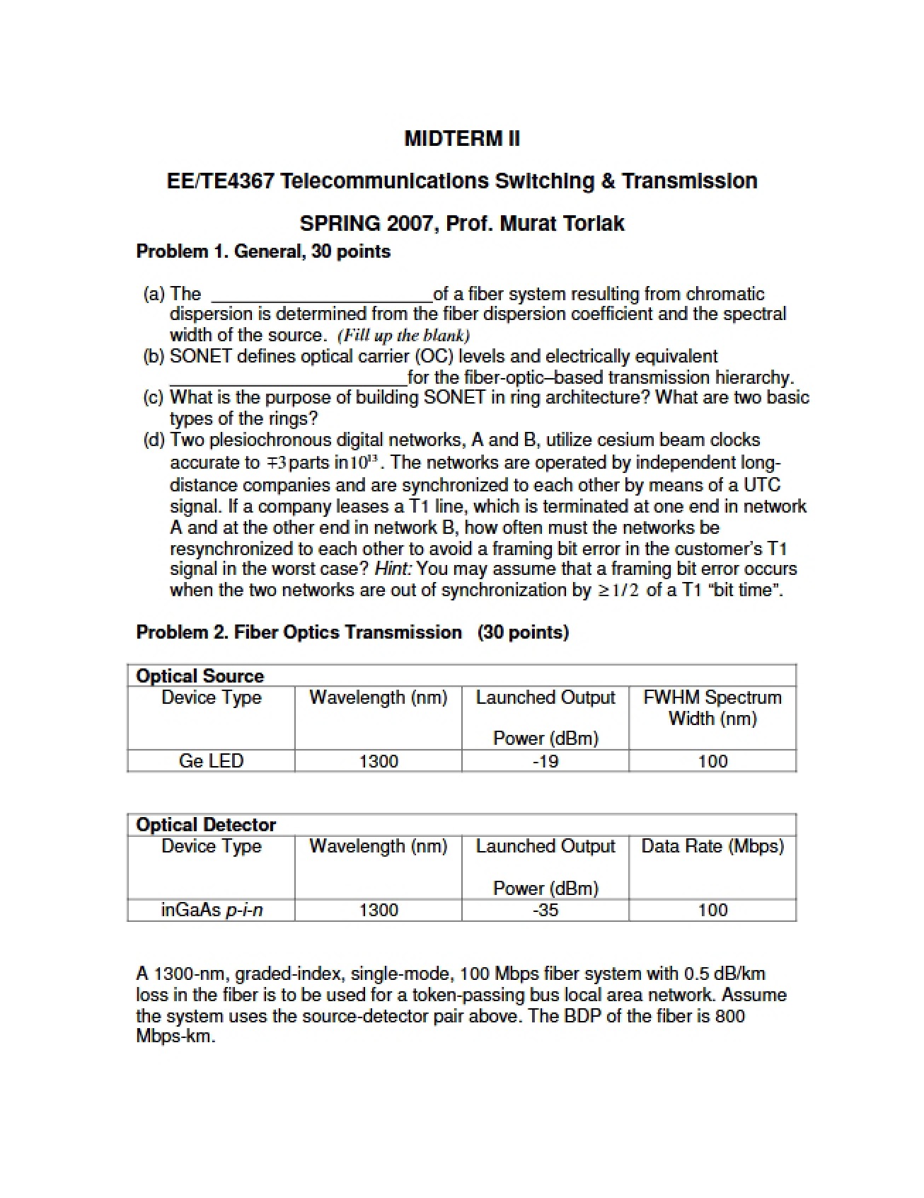 Second Midterm for Telecommunication Networks