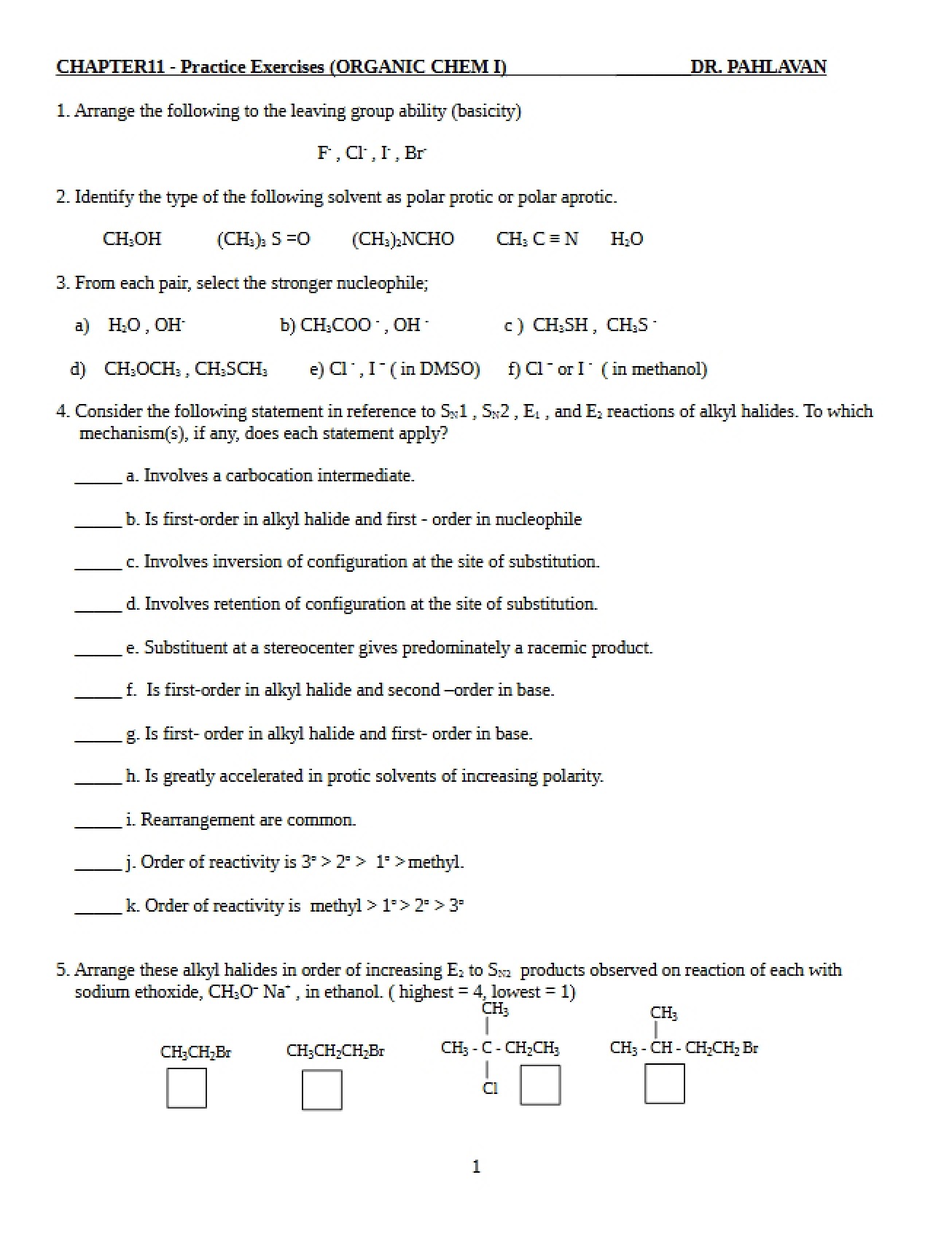 Practice Problem Set Organic Chemistry
