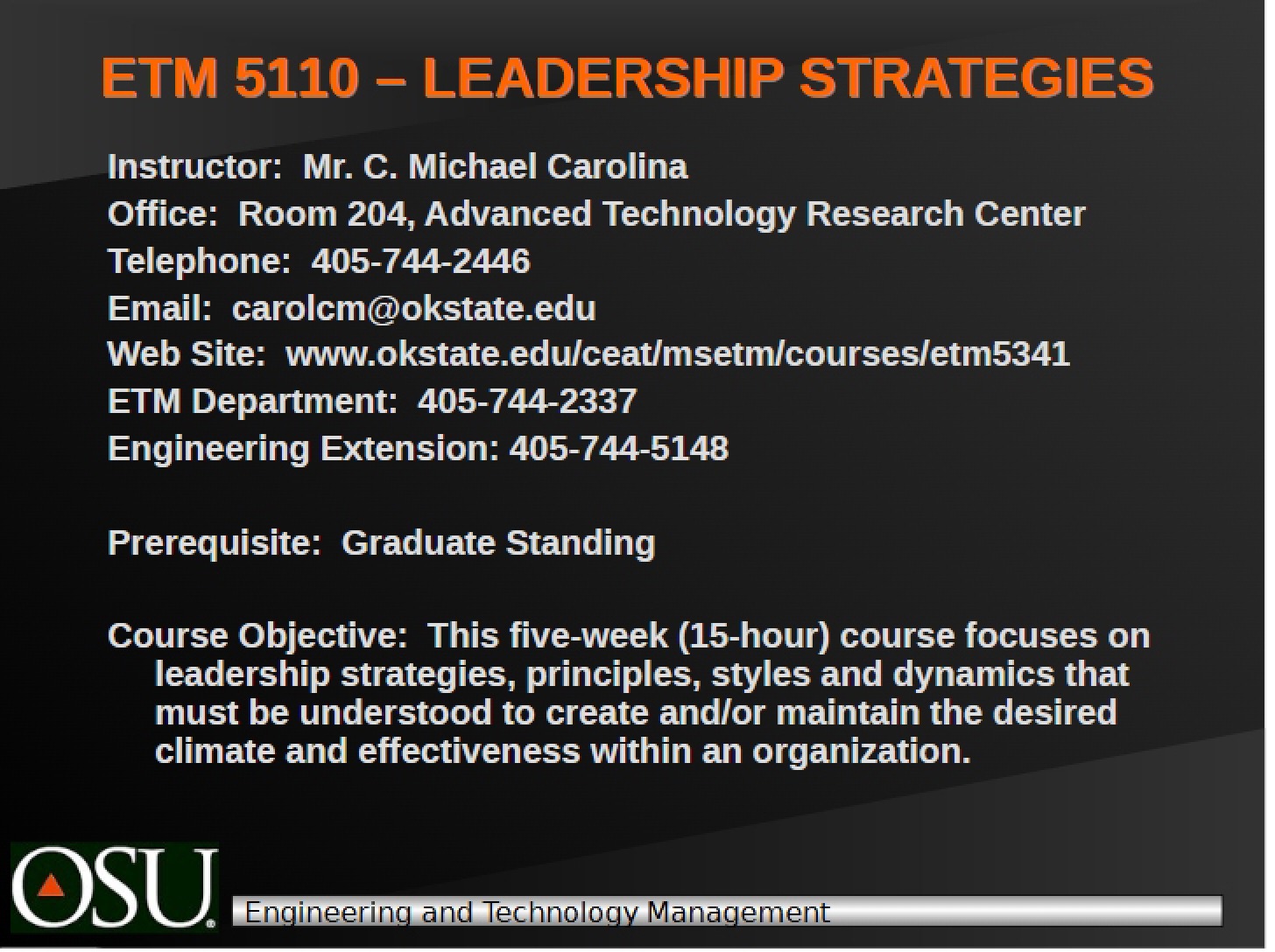 Strategies for Leadership (ETM 5110)