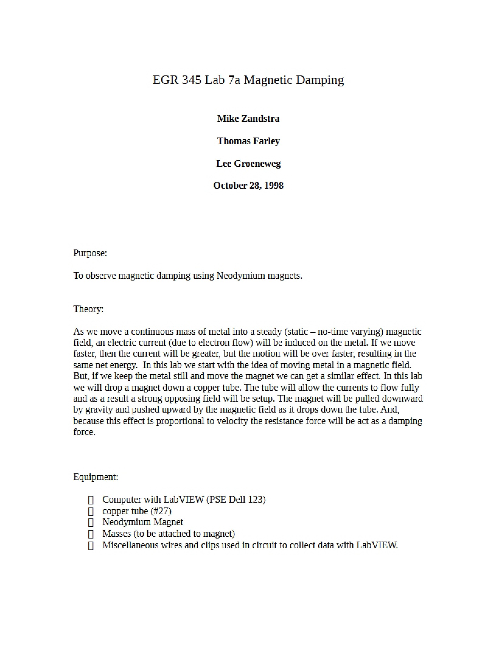 Lab 7a Damping (Magnetic)
