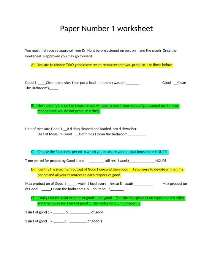 Worksheet for Paper Number 1
