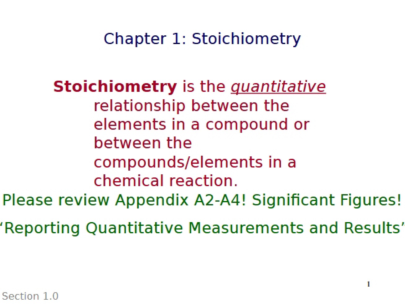 Stoichiometry Chapter 1 Overview