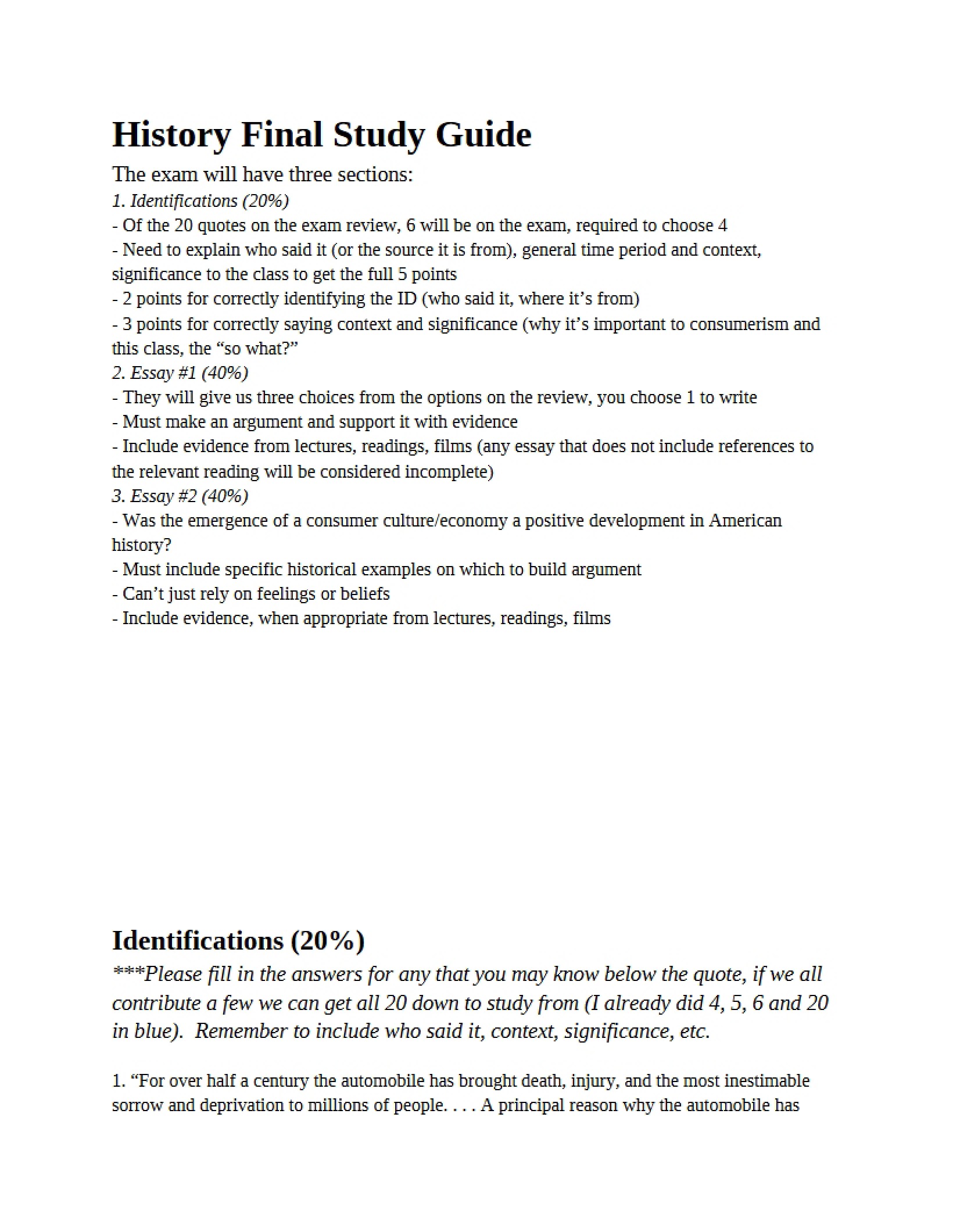 Final Study Guide for History
