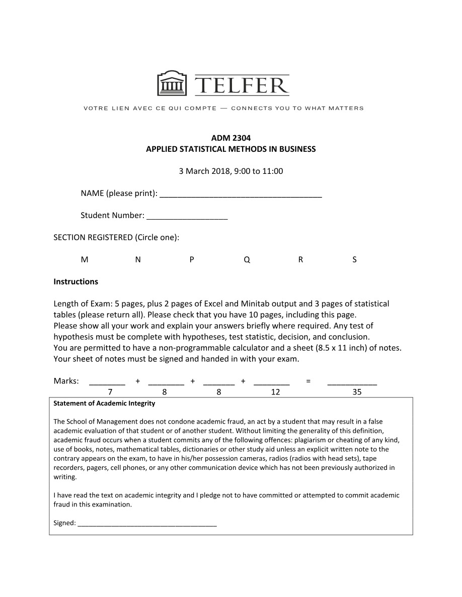 ADM 2304 Applied Statistical Methods in Business Midterm Exam Delta