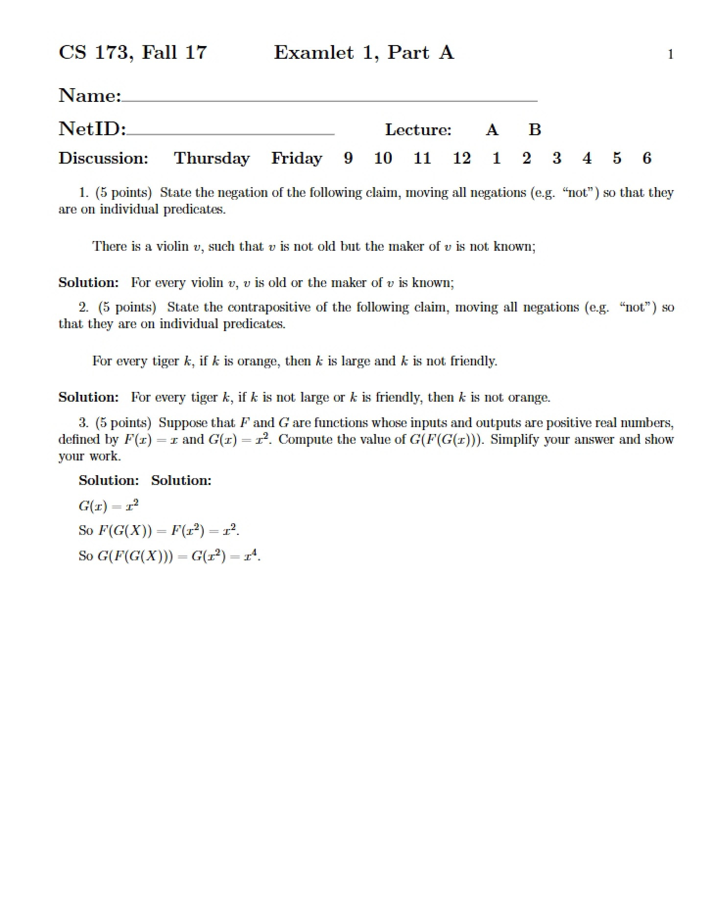 Examlet One (Section A)