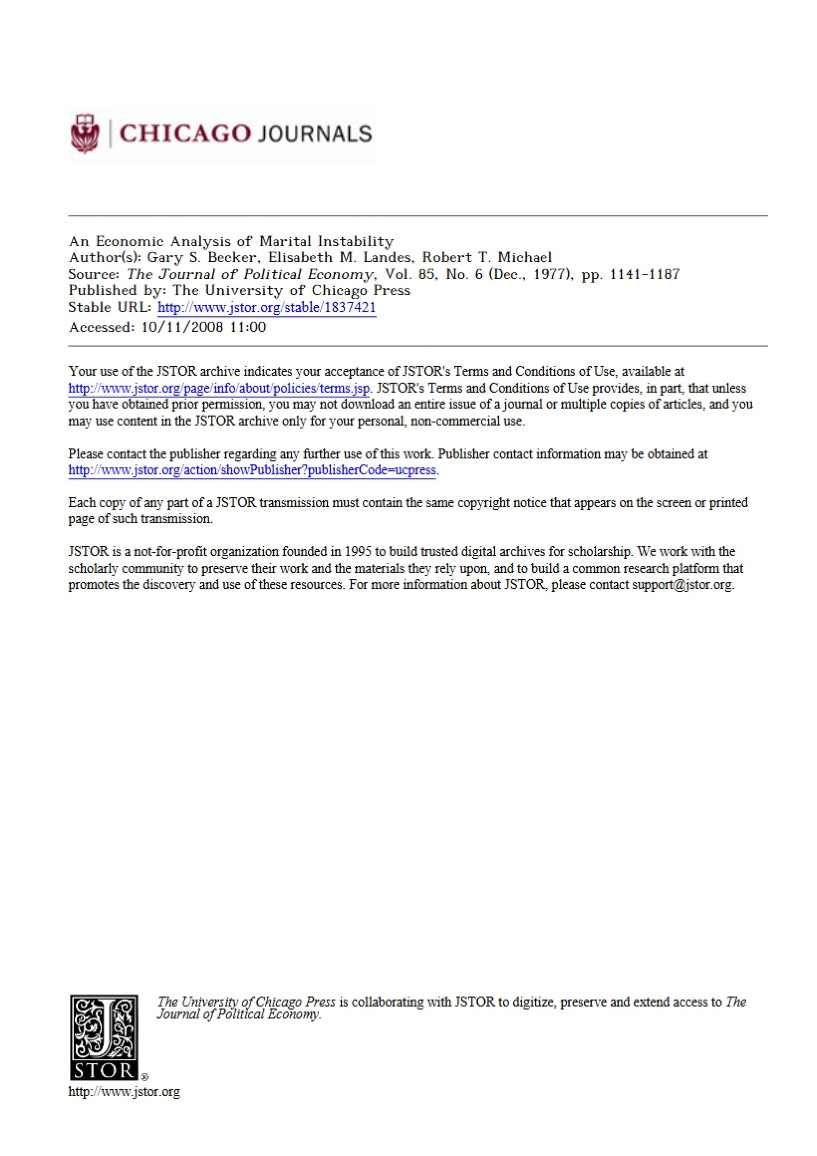 Marital Instability Economic Analysis