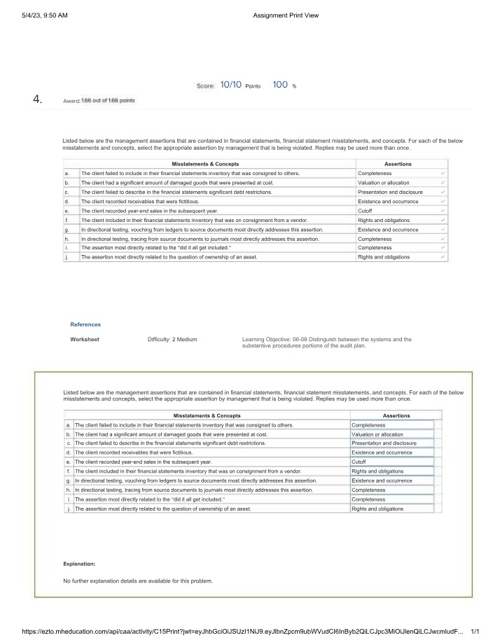 Worksheet on Audit Assertions and Misstatements