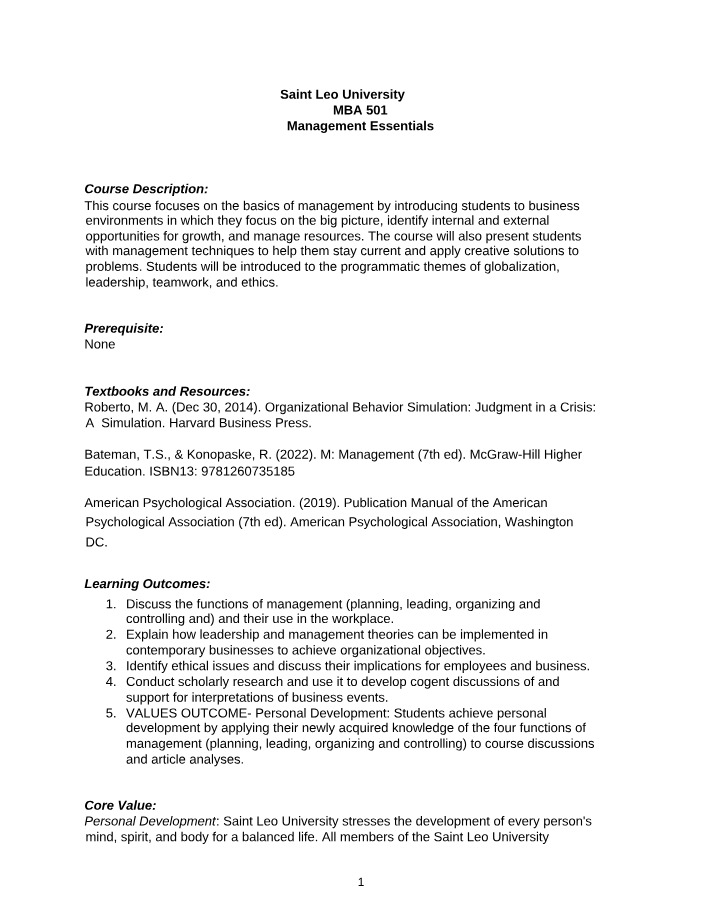 Syllabus for MBA 501 Management Essentials