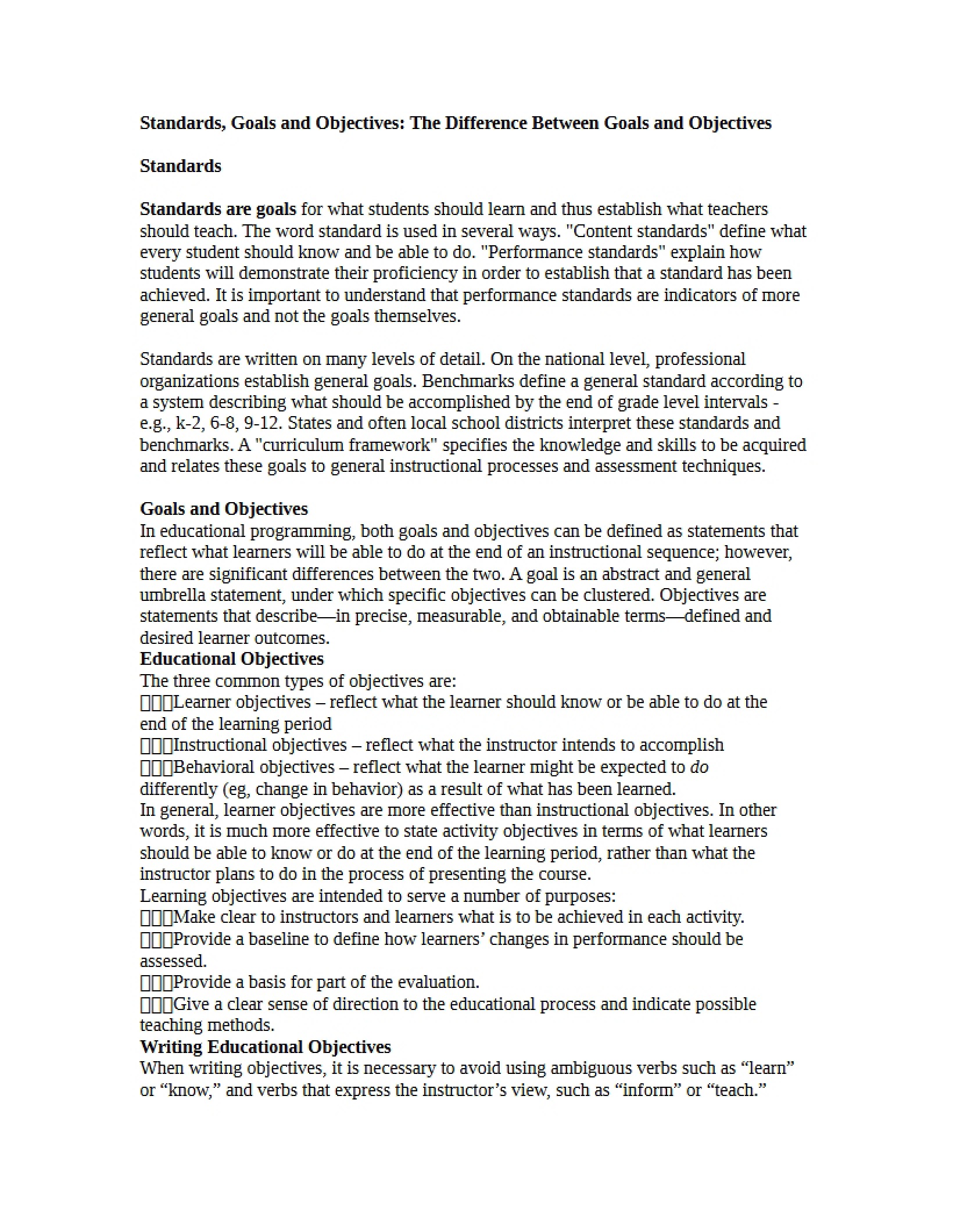 Objectives vs. Goals in Education