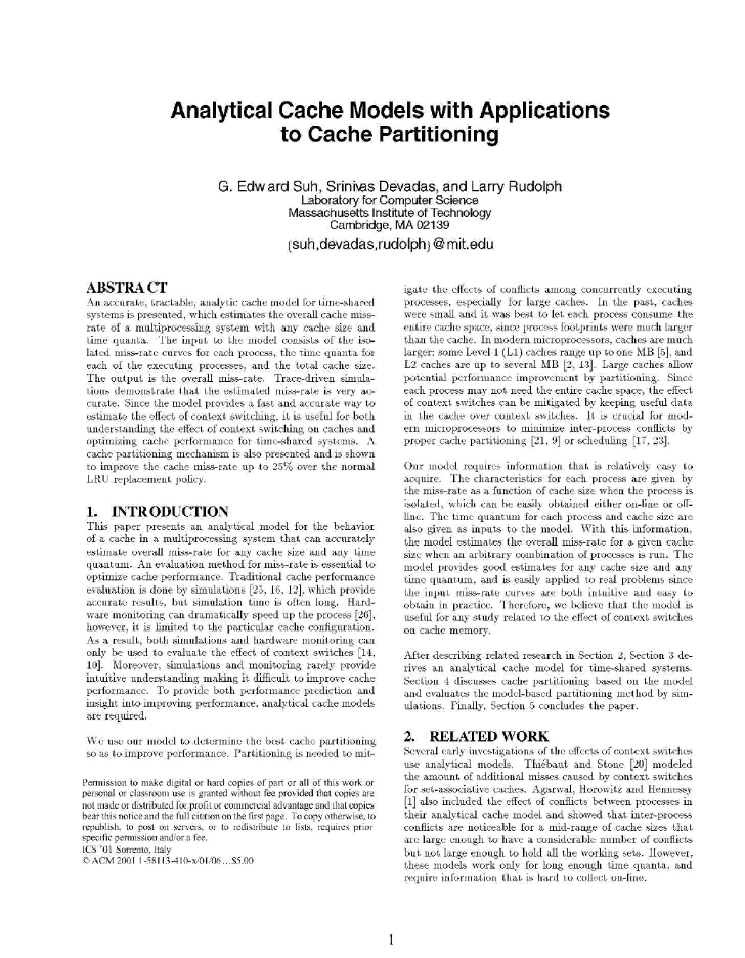 Cache Partitioning Applications and Analytical Models