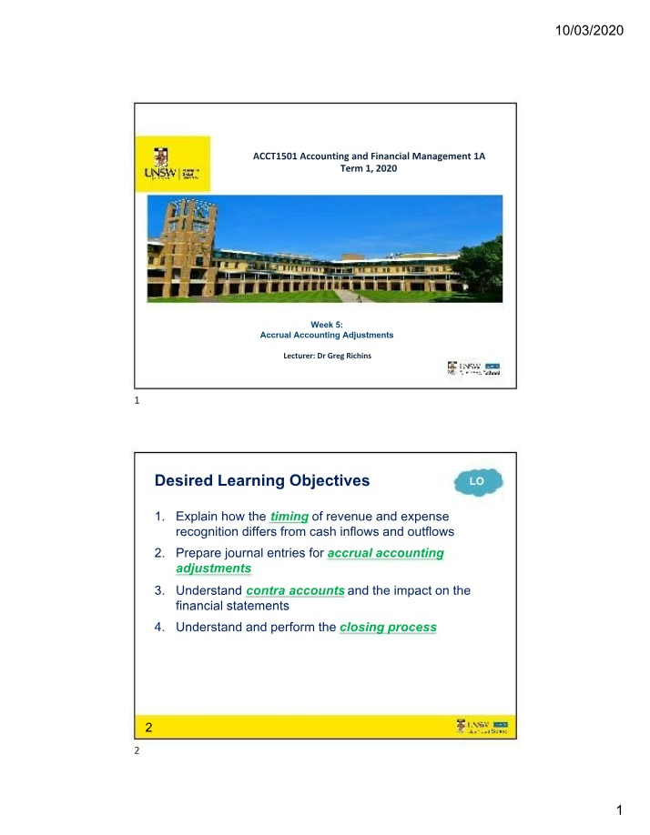 ACCT1501 Lecture Notes - Week 5 2020 T1