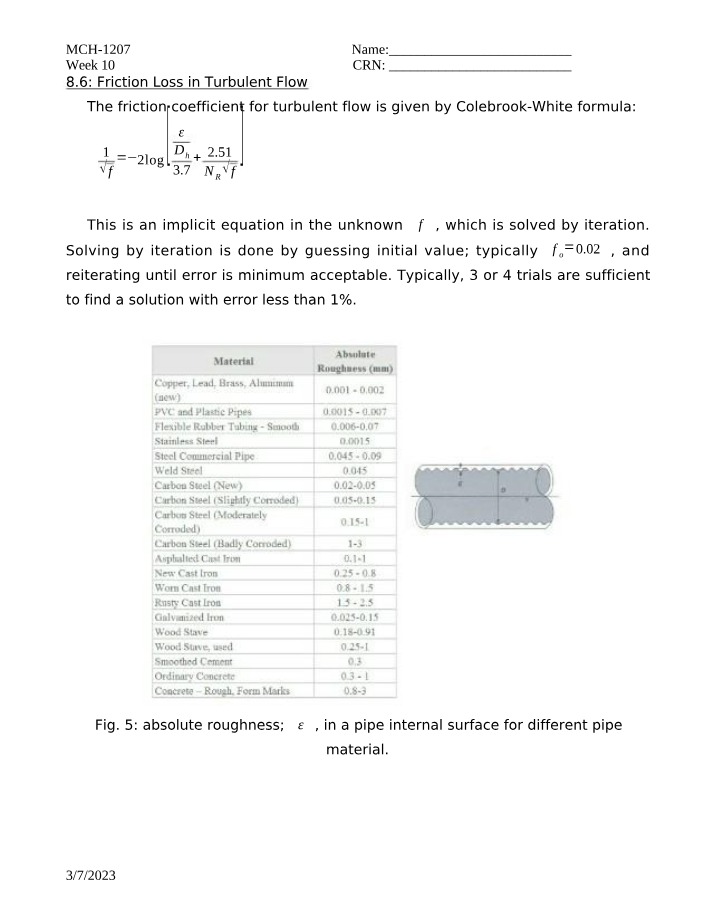 Friction Loss in Turbulent Flow