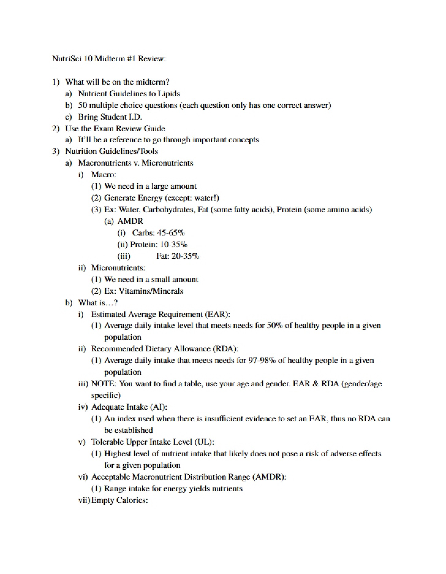 Review for NutriSci 10 Midterm 1