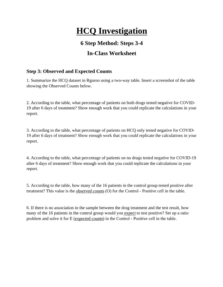 Worksheet for HCQ Investigation