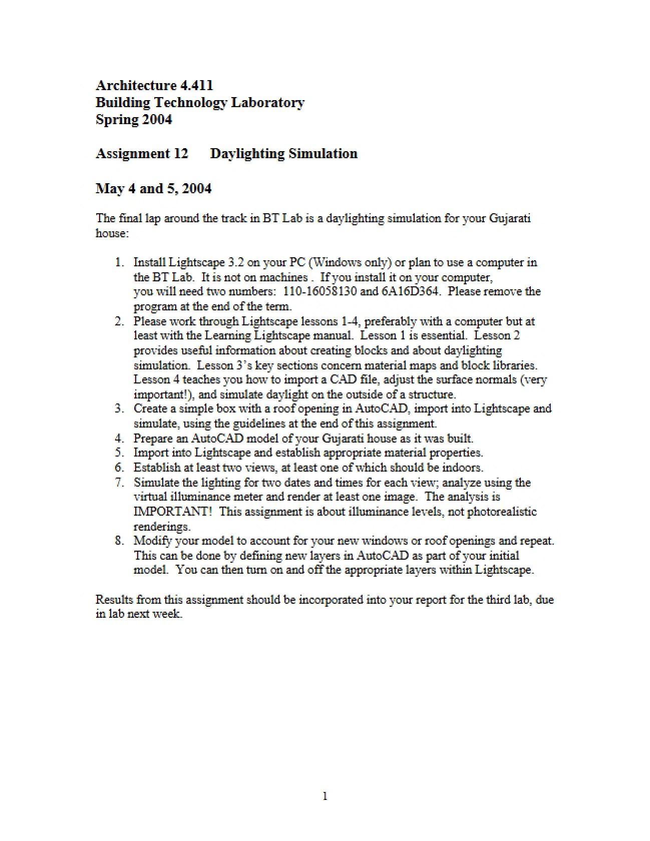 Twelfth Assignment: Simulation of Daylighting