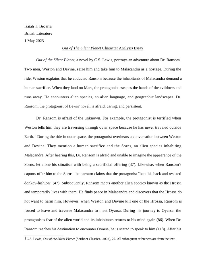 Character Analysis - Dr. Ransom in Out of the Silent Planet