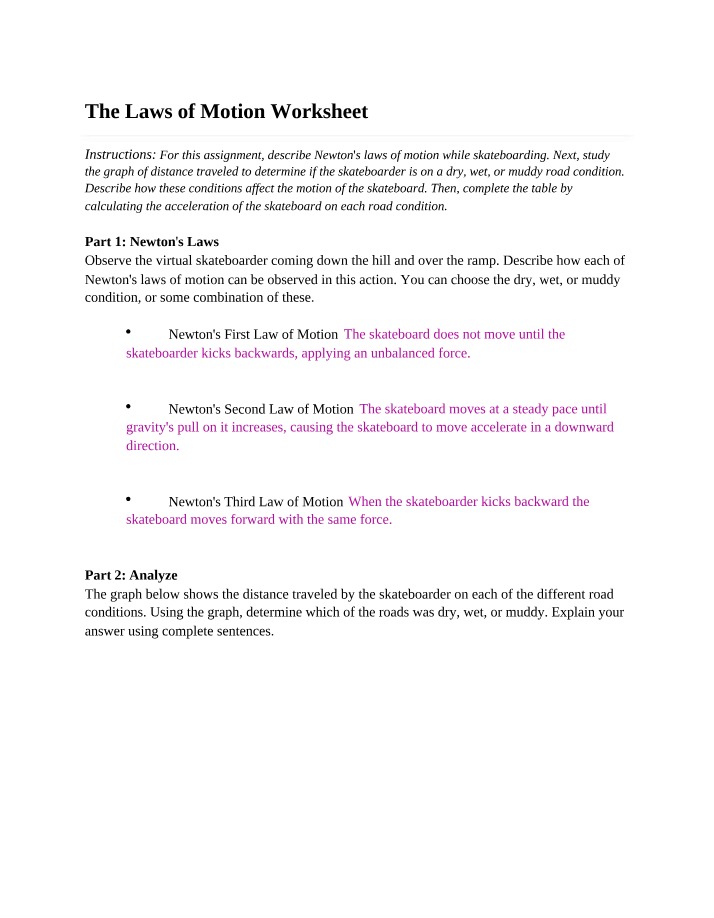 Worksheet on the Laws of Motion