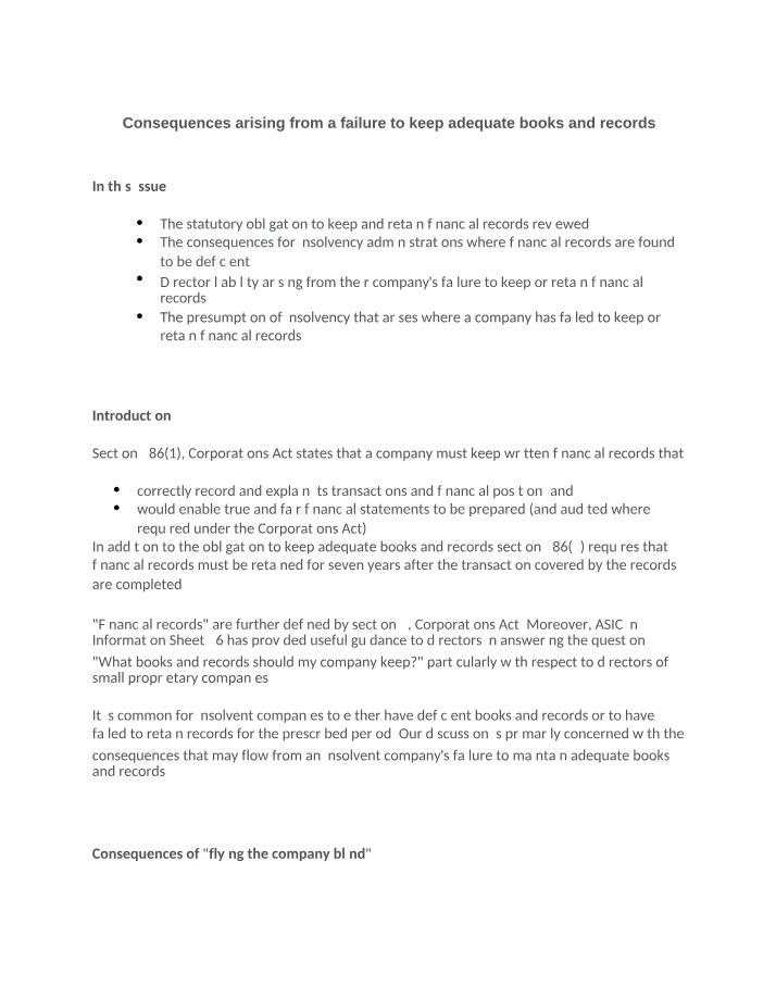 Insolvency Consequences of Inadequate Books and Records