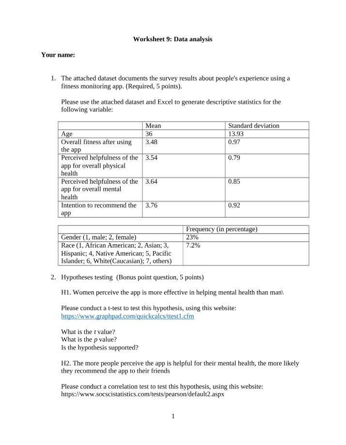 Data Analysis Worksheet 9