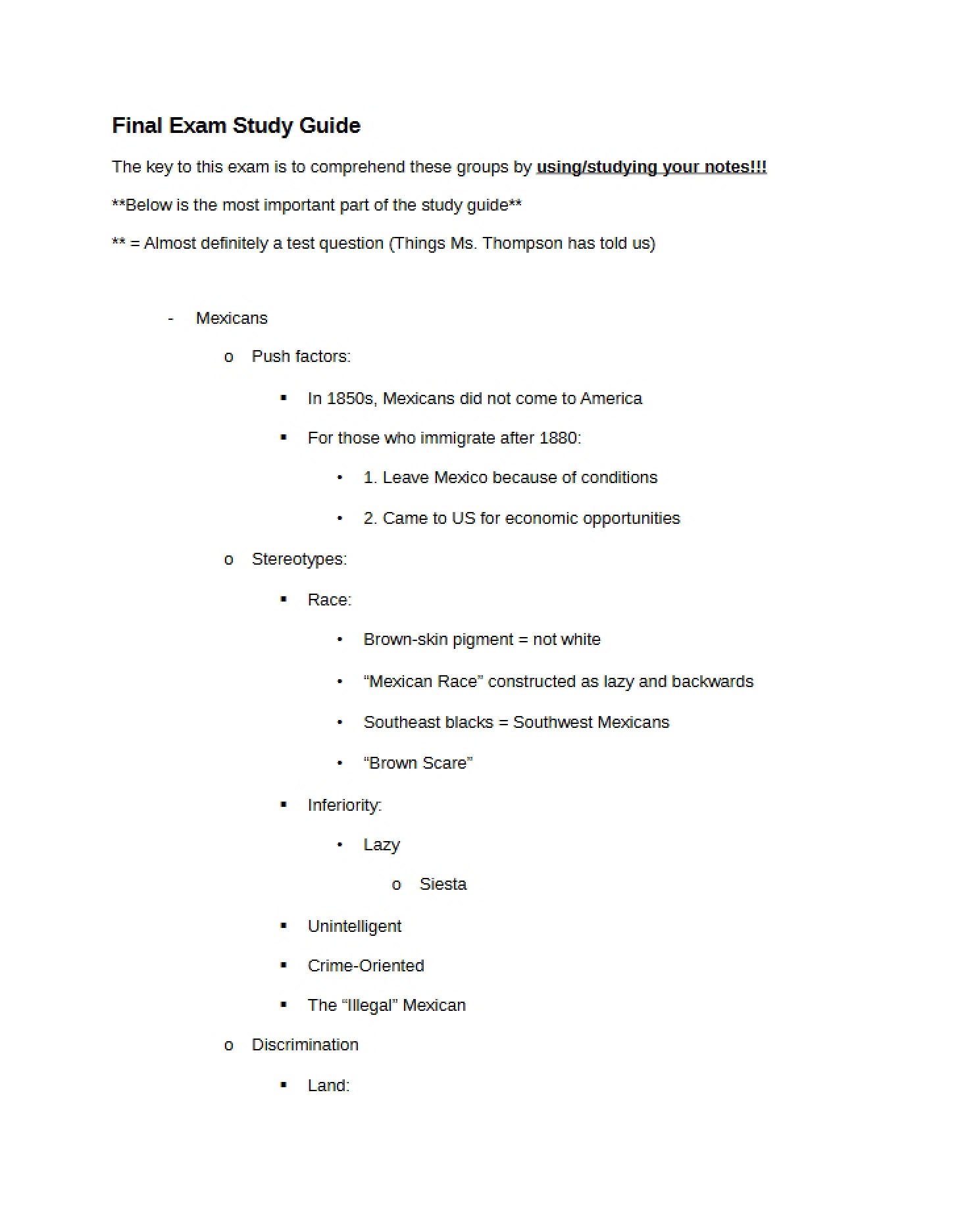 Preparation Guide for the Final