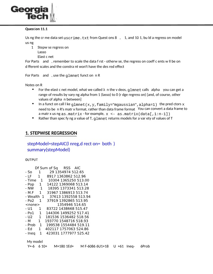 Regression Models - Stepwise, Lasso, and Elastic Net