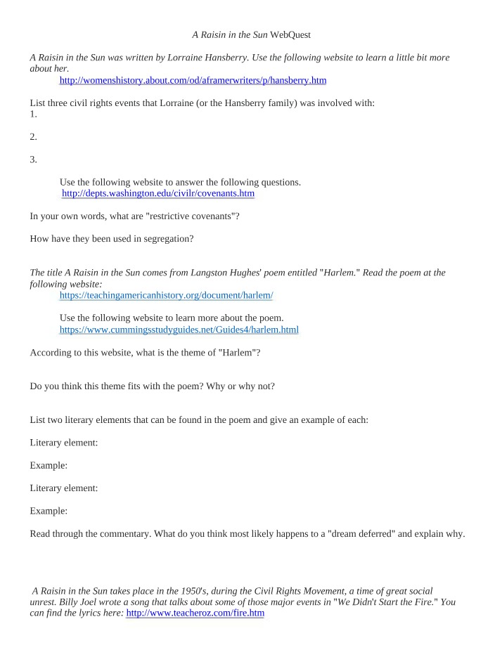 WebQuest for A Raisin in the Sun