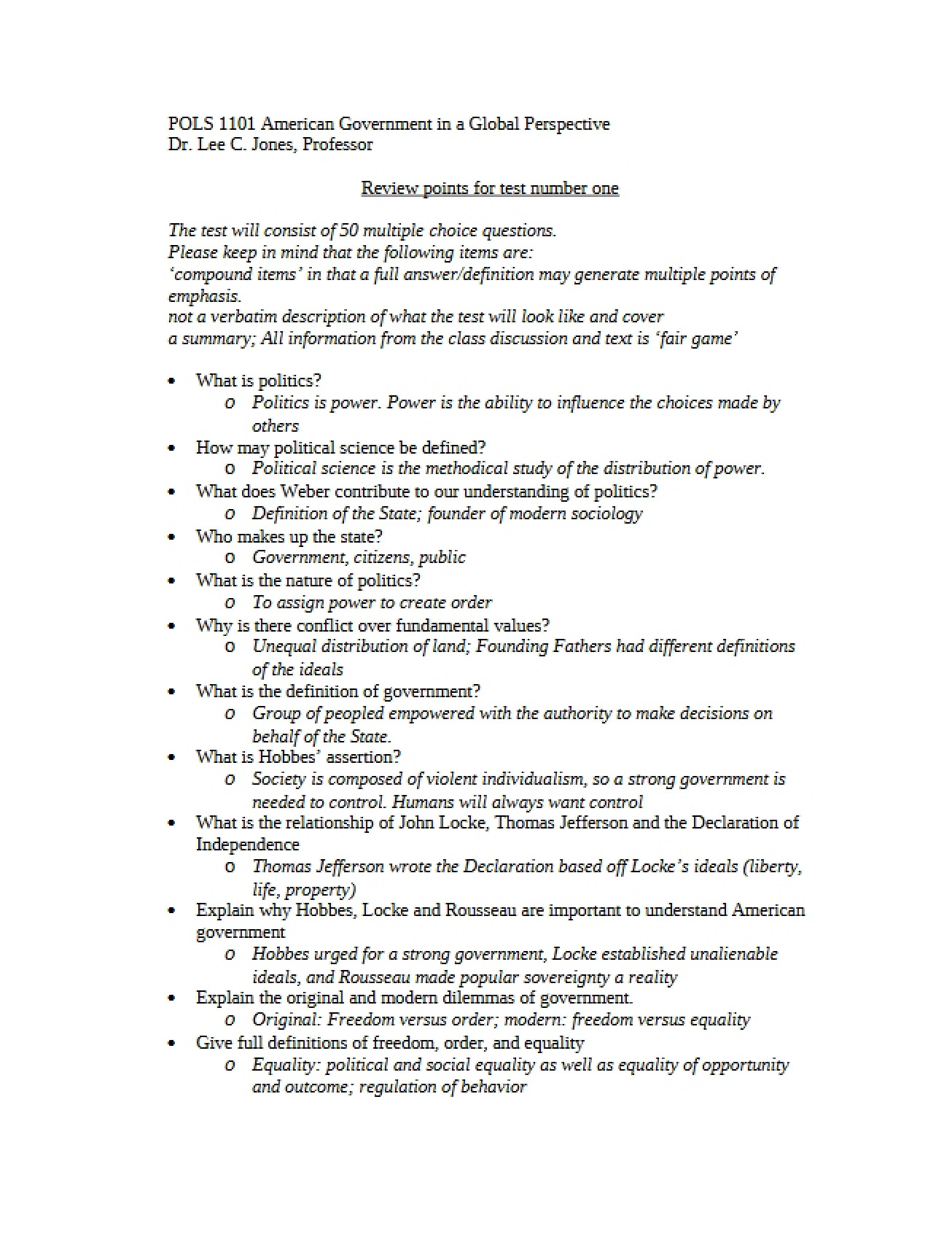 Key Topics for Government Exam One