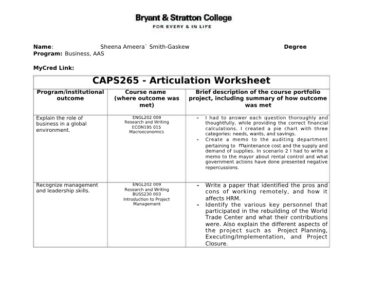 CAPS265 Articulation Worksheet Overview