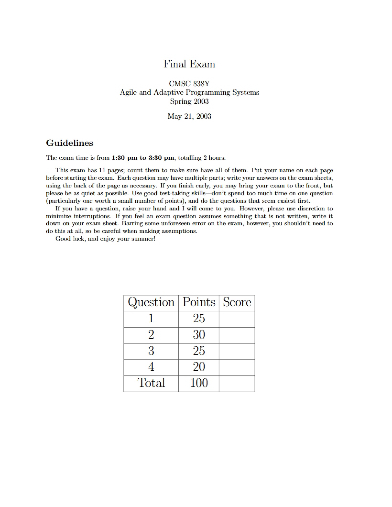 CMSC 838Y Final Examination