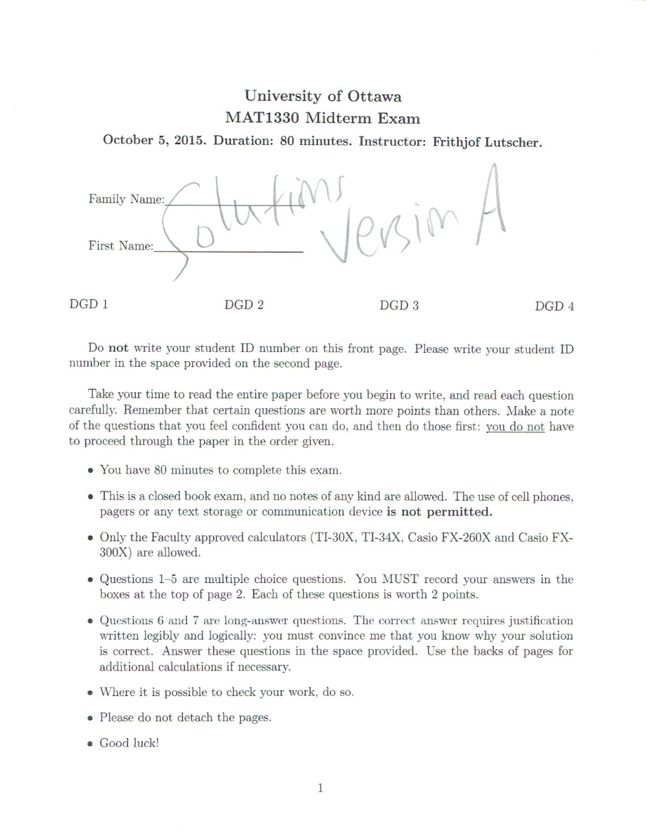 MAT1330 Midterm Exam Part 1