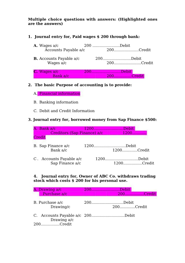 Accounting Multiple Choice Questions and Answers