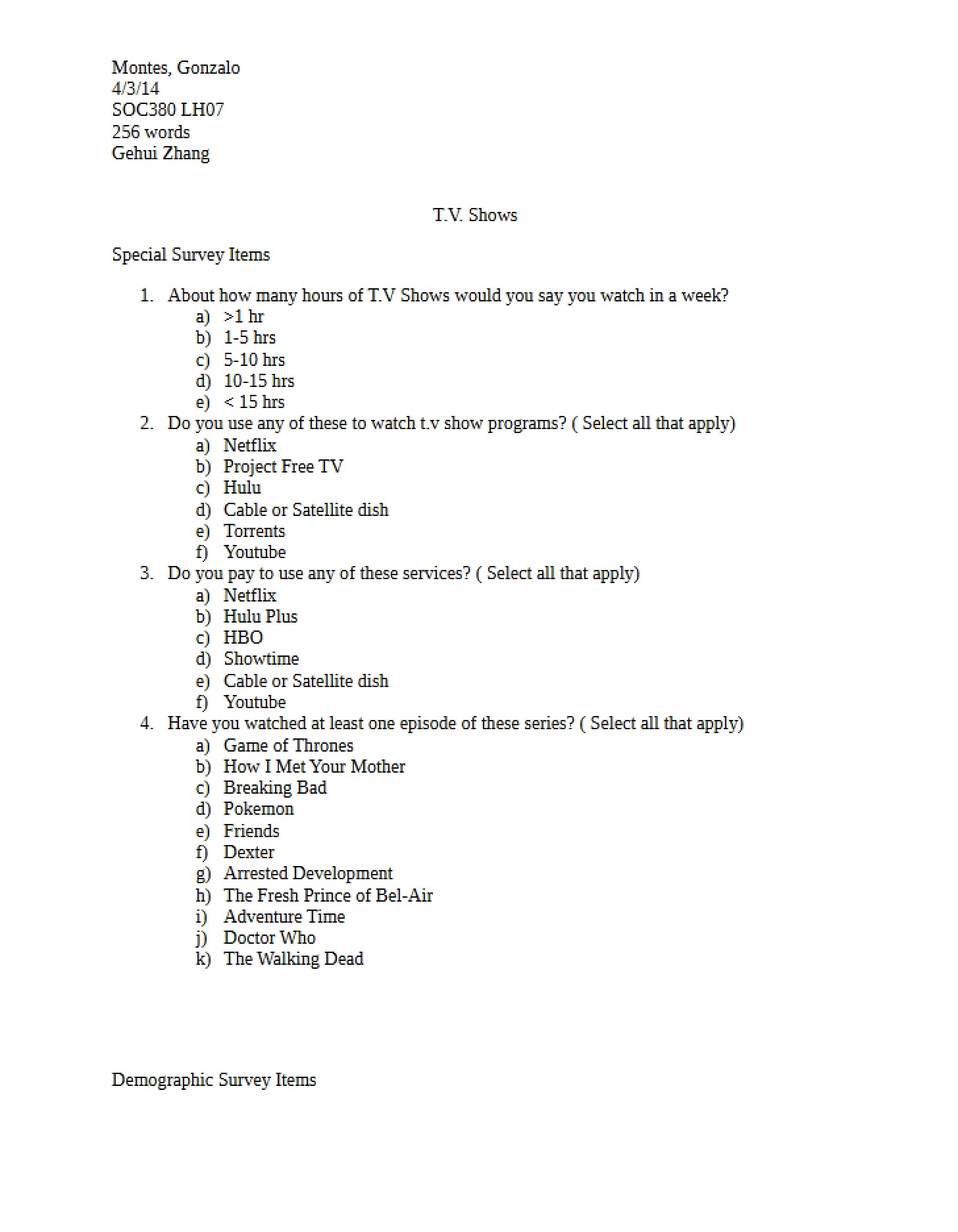 Items for Special Survey