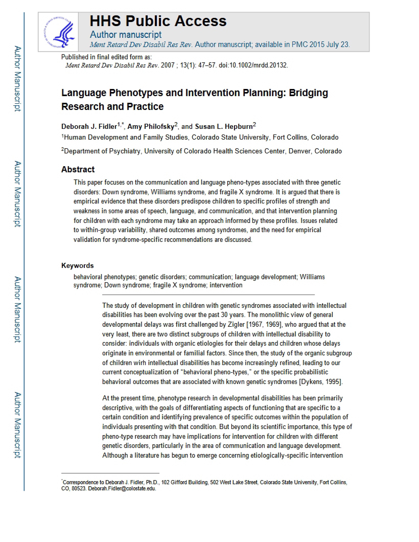 Intervention Planning and Language Phenotypes (Fidler, Philofsky, & Hepburn 2007)